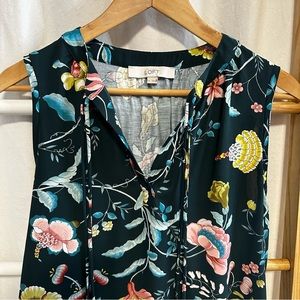 LOFT - Sleeveless notch-neck blouse, green turquoise floral, M